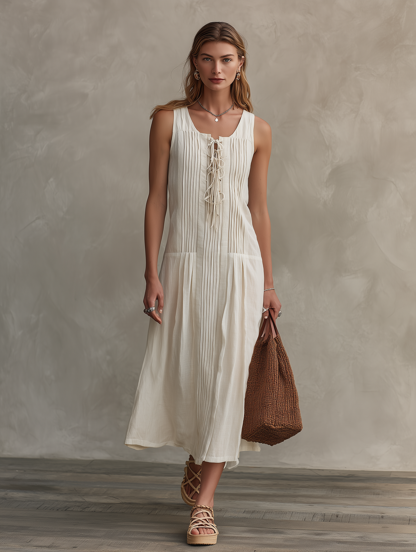 Women's Casual Sleeveless Maxi Dress In Ecru Cotton-Linen Blend MDZ2389D5LXY