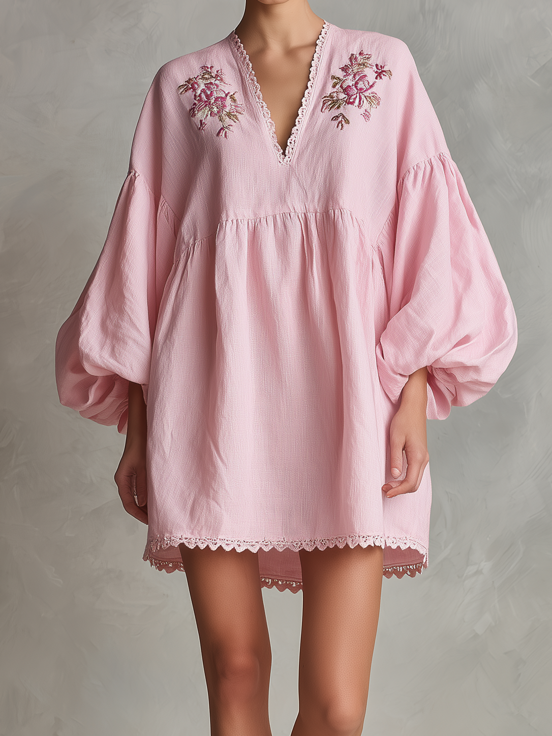 Women's Casual Light Pink Cotton-Linen Mini Dress ¡ª V-Neck, Embroidered, Long Puff Sleeves MDZ2321D2LXY