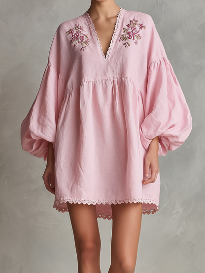 Women's Casual Light Pink Cotton-Linen Mini Dress ¡ª V-Neck, Embroidered, Long Puff Sleeves MDZ2321D2LXY