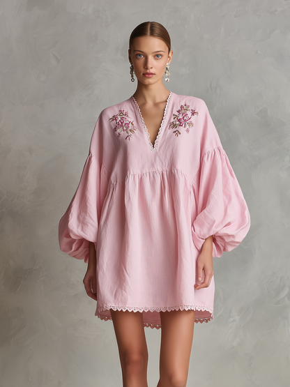 Women's Casual Light Pink Cotton-Linen Mini Dress ¡ª V-Neck, Embroidered, Long Puff Sleeves MDZ2321D2LXY