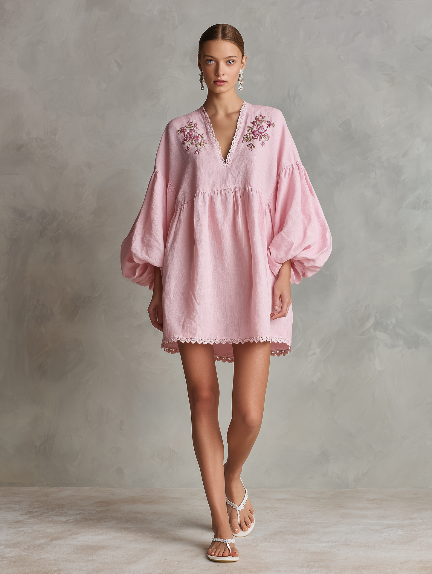 Women's Casual Light Pink Cotton-Linen Mini Dress ¡ª V-Neck, Embroidered, Long Puff Sleeves MDZ2321D2LXY