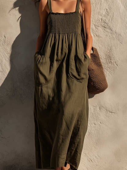 Women's Casual Olive Green Cotton-Linen Maxi Dress ¡ª Square Neck, Sleeveless MDZ2308D5LXY