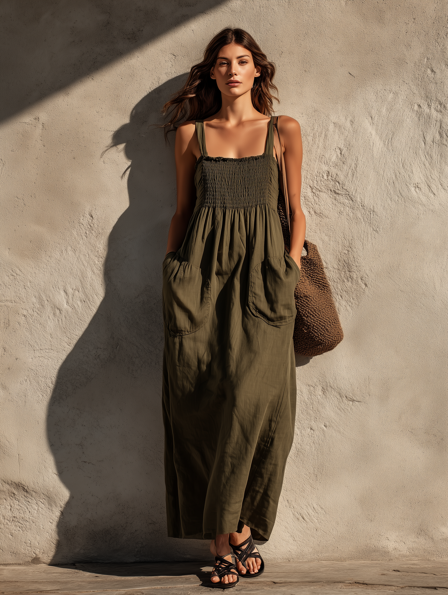 Women's Casual Olive Green Cotton-Linen Maxi Dress ¡ª Square Neck, Sleeveless MDZ2308D5LXY