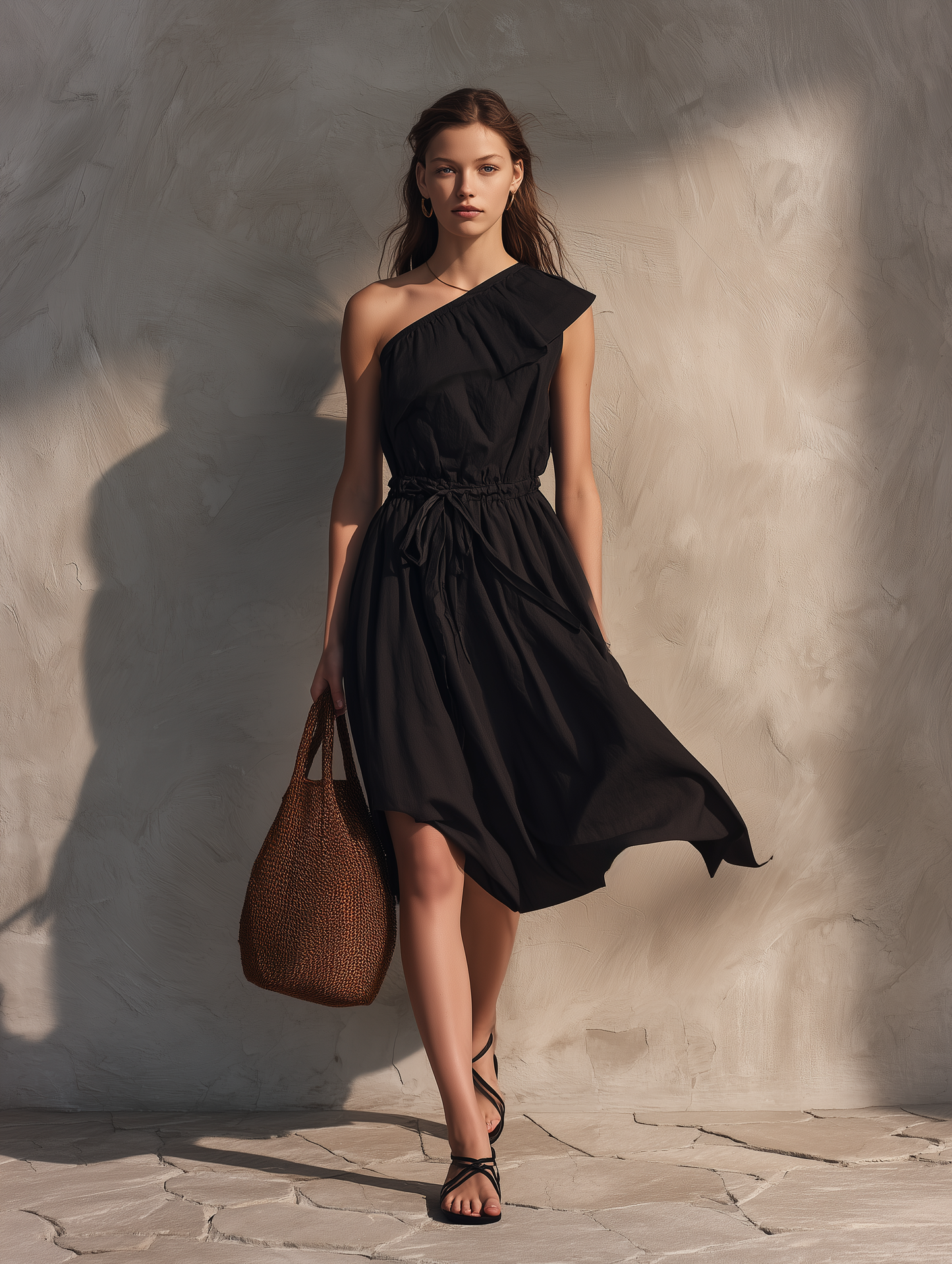 Women's Casual Black Cotton-Linen Asymmetrical-Shoulder Sleeveless Midi Dress MDZ2398D0LXY