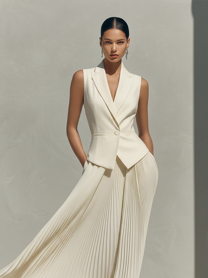 Women's Ivory Tailored Two-Piece Set With Blazer Vest & Pleated Midi Skirt, Timeless Sophisticated-Chic Formal Outfit MDZ2301D8LYL