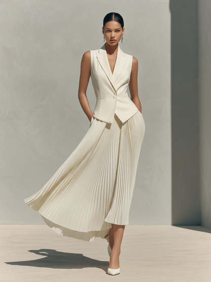 Women's Ivory Tailored Two-Piece Set With Blazer Vest & Pleated Midi Skirt, Timeless Sophisticated-Chic Formal Outfit MDZ2301D8LYL