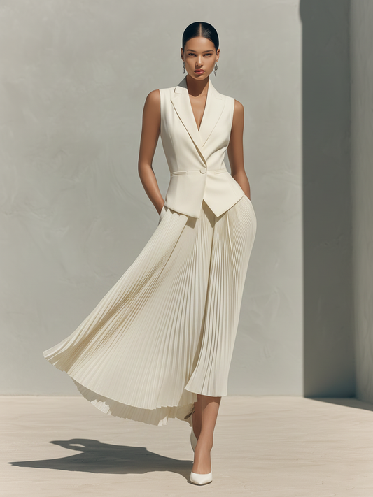 Women's Ivory Tailored Two-Piece Set With Blazer Vest & Pleated Midi Skirt, Timeless Sophisticated-Chic Formal Outfit MDZ2301D8LYL