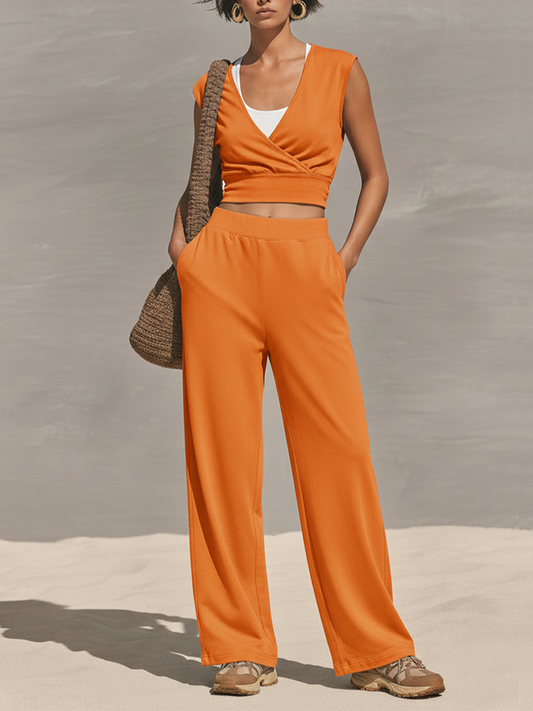 Women's Orange Jersey Two-Piece Set With Wrap Crop Top & Elastic Waist Pants, Timeless Athleisure-Chic Loungewear MDZ2303D9LYL