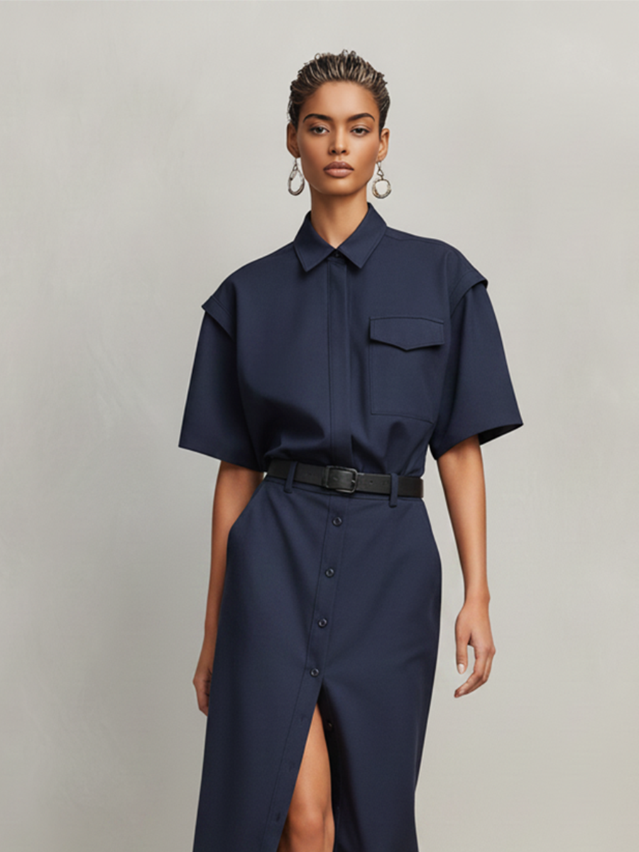 Women's Navy Blue Cotton-Blend Two-Piece Set  With Short Sleeves & Front Slit, Timeless Minimalist-Chic Workwear Dress (without Belt) MDZ2309D7LYL