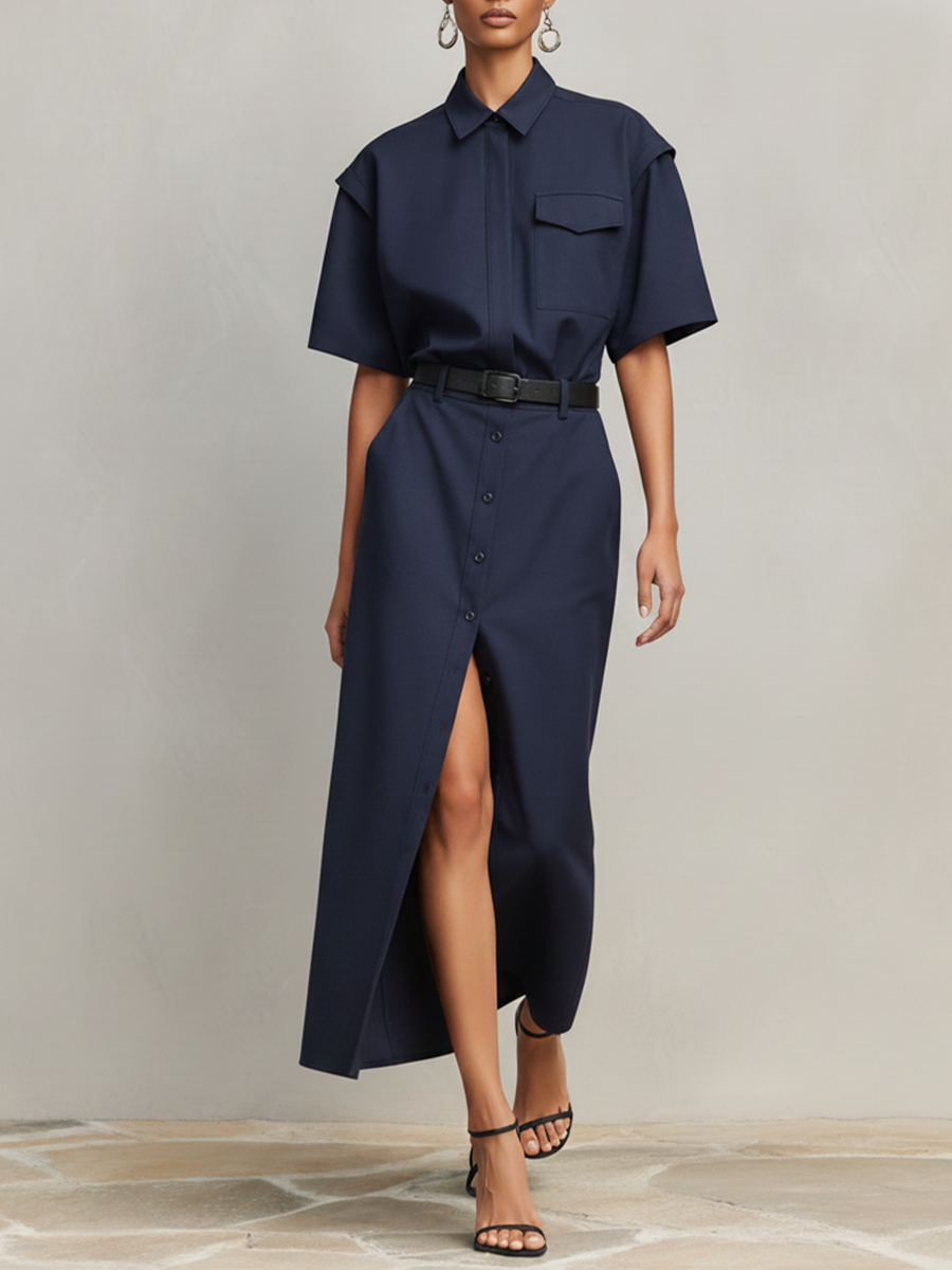 Women's Navy Blue Cotton-Blend Two-Piece Set  With Short Sleeves & Front Slit, Timeless Minimalist-Chic Workwear Dress (without Belt) MDZ2309D7LYL