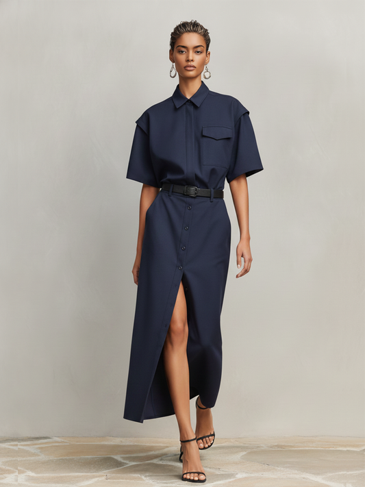 Women's Navy Blue Cotton-Blend Two-Piece Set  With Short Sleeves & Front Slit, Timeless Minimalist-Chic Workwear Dress (without Belt) MDZ2309D7LYL