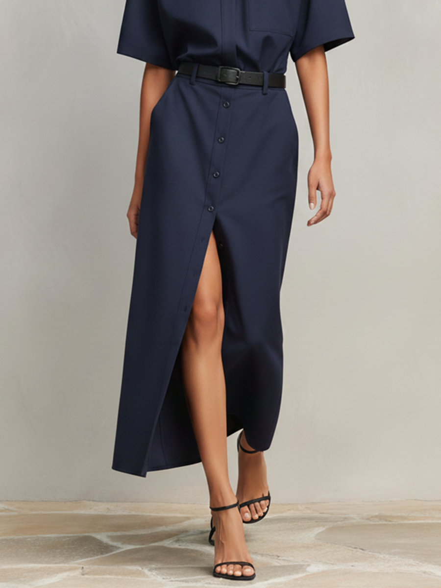 Women's Navy Blue Cotton-Blend Two-Piece Set  With Short Sleeves & Front Slit, Timeless Minimalist-Chic Workwear Dress (without Belt) MDZ2309D7LYL