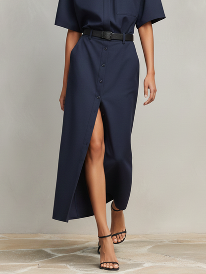 Women's Navy Blue Cotton-Blend Two-Piece Set  With Short Sleeves & Front Slit, Timeless Minimalist-Chic Workwear Dress (without Belt) MDZ2309D7LYL