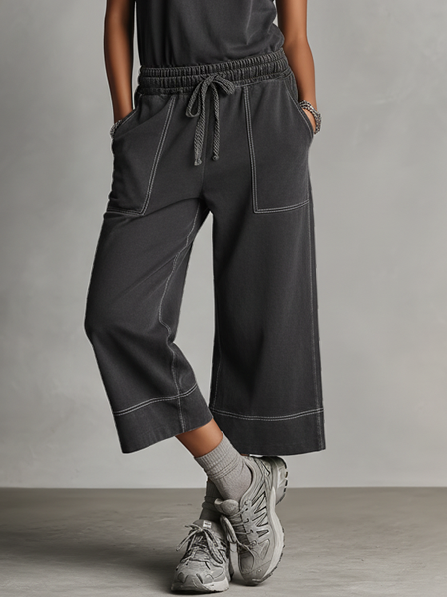 Women's Charcoal Gray Co-Ord Set With Contrast Stitching & Elastic Waist, Modern Effortless Streetwear Outfit MDZ2317D1LYL