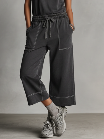 Women's Charcoal Gray Co-Ord Set With Contrast Stitching & Elastic Waist, Modern Effortless Streetwear Outfit MDZ2317D1LYL
