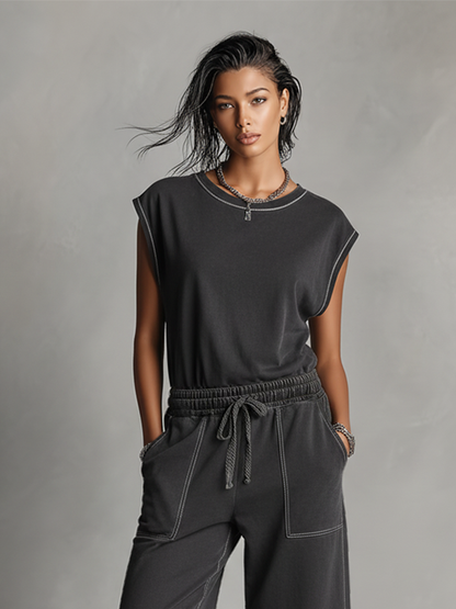 Women's Charcoal Gray Co-Ord Set With Contrast Stitching & Elastic Waist, Modern Effortless Streetwear Outfit MDZ2317D1LYL