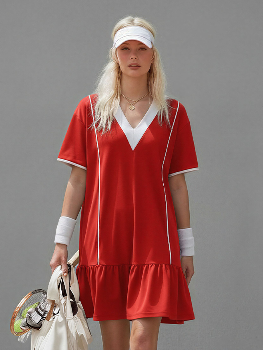 Women's Red & White Knit Tennis Dress With V-Neck & Ruffle Hem, Contemporary Sporty-Chic Tennis Dress MDZ2307D4LYL