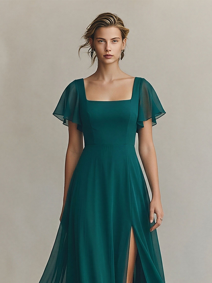 Women's Emerald Green Chiffon Maxi Dress With Square Neck & Flutter Sleeves, Timeless Formal Bridesmaid Gown MDZ2300D1LYL