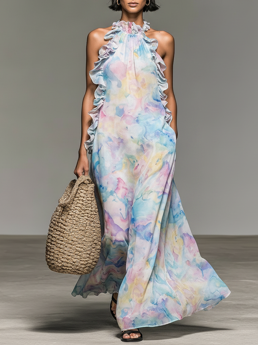 Women's Minimalist Sleeveless Ruffled Ombr¨¦ Watercolor Print Chiffon Maxi Dress MDZ2314D1Y