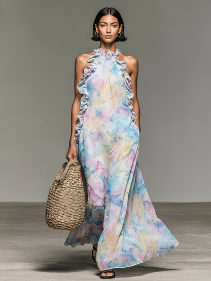 Women's Minimalist Sleeveless Ruffled Ombr¨¦ Watercolor Print Chiffon Maxi Dress MDZ2314D1Y