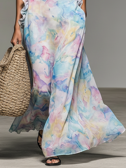 Women's Minimalist Sleeveless Ruffled Ombr¨¦ Watercolor Print Chiffon Maxi Dress MDZ2314D1Y