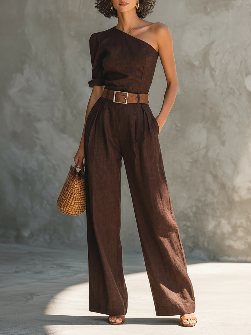 Women's Minimalist Linen-Blend Asymmetrical Off-Shoulder Short-Sleeve Wide-Leg Jumpsuit (Belt Not Included)MDZ2335D9Y