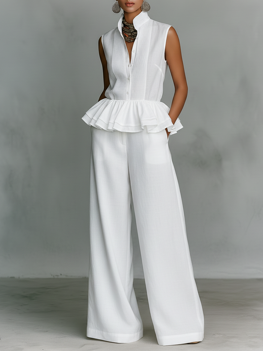 Women's Minimalist Linen-Blend Set: Stand-Collar, Sleeveless, Single-Breasted Shirt With Ruffled Hem & Wide-Leg Pants MDZ2311D1Y