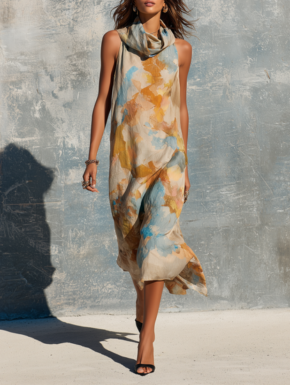 Women's Elegant Sleeveless Straight-Cut Midi Dress With Cowl Neck And Watercolor Ombr¨¦ Print MDZ2331D3Y