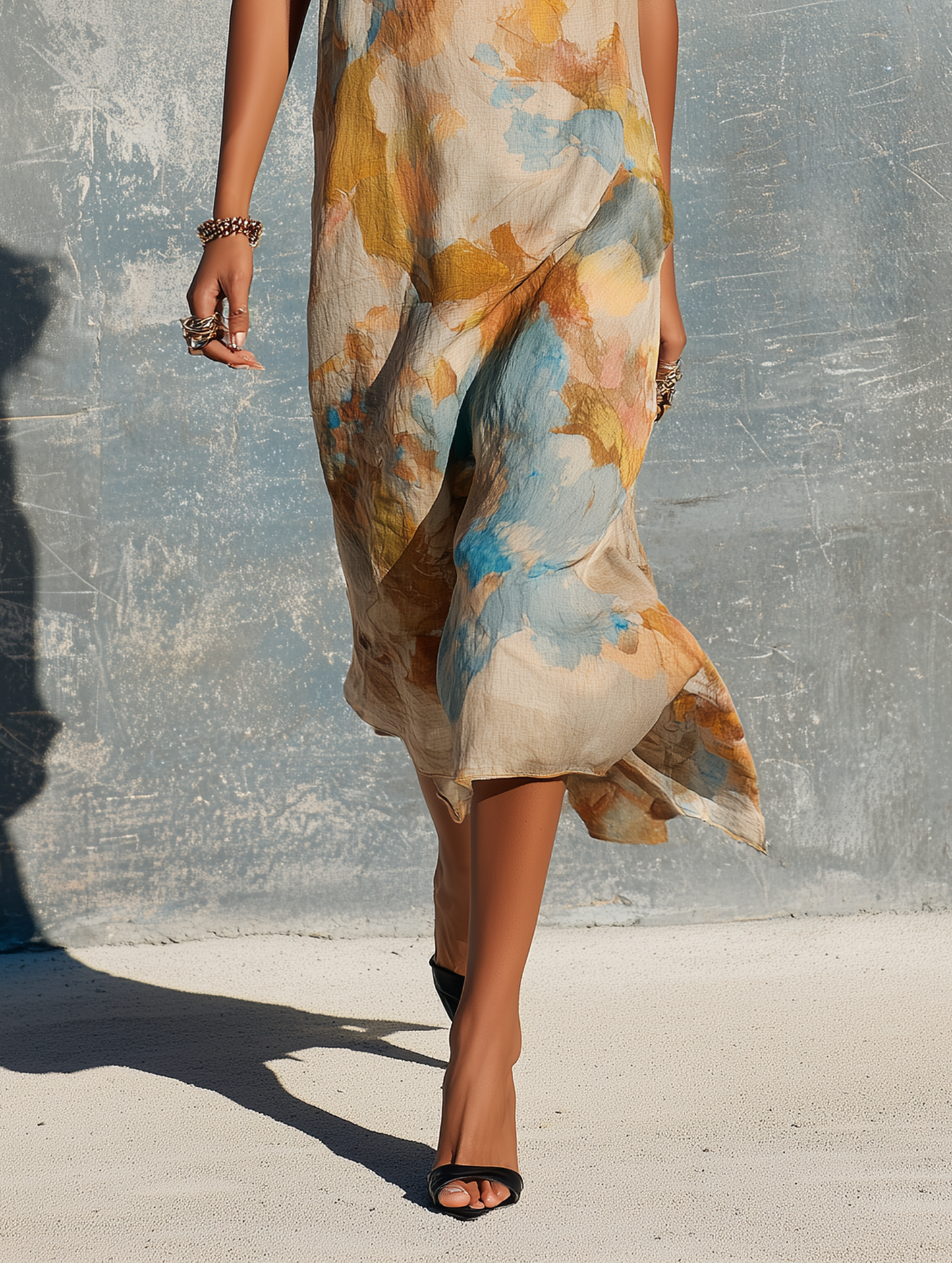 Women's Elegant Sleeveless Straight-Cut Midi Dress With Cowl Neck And Watercolor Ombr¨¦ Print MDZ2331D3Y