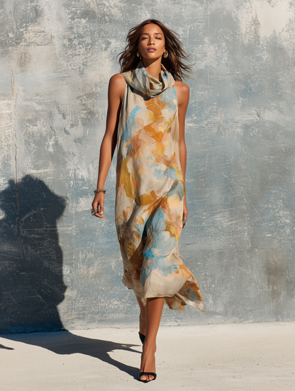 Women's Elegant Sleeveless Straight-Cut Midi Dress With Cowl Neck And Watercolor Ombr¨¦ Print MDZ2331D3Y