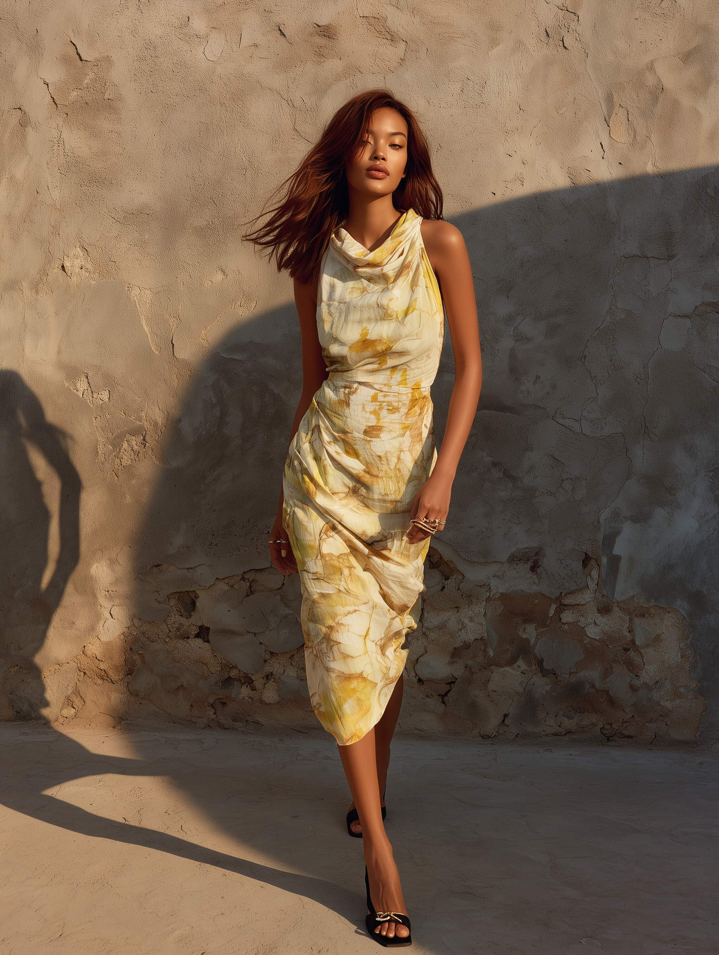 Women's Minimalist Ombr¨¦ Print Cowl Neck Sleeveless Midi Dress MDZ2327D8Y