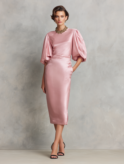 Women's Minimalist Faux-Acetate Midi Dress ¡ª Round Neck, Short Lantern Sleeves MDZ2321D2Y