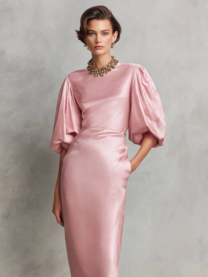Women's Minimalist Faux-Acetate Midi Dress ¡ª Round Neck, Short Lantern Sleeves MDZ2321D2Y