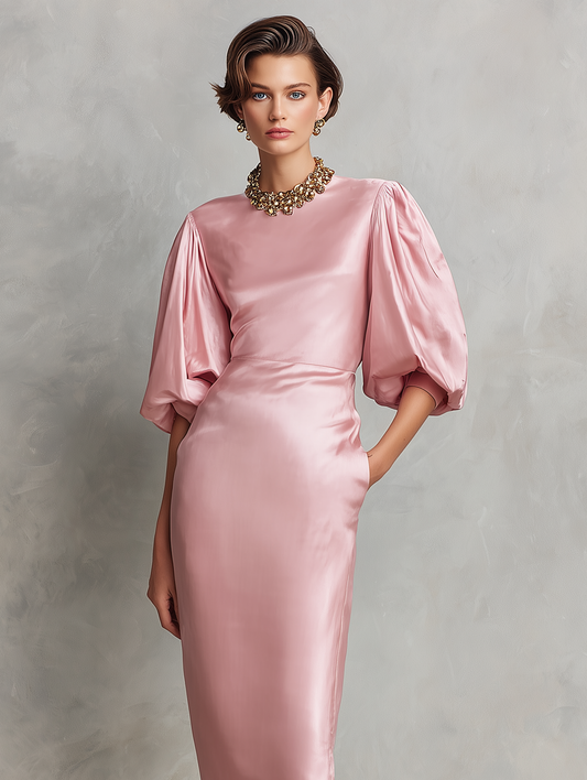 Women's Minimalist Faux-Acetate Midi Dress ¡ª Round Neck, Short Lantern Sleeves MDZ2321D2Y