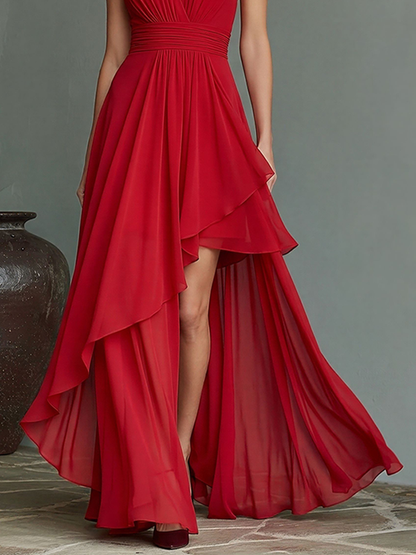 Women's Red Chiffon Halter Maxi Dress With Deep V-Neck & Asymmetric High-Low Hem, Timeless Formal Evening Gown MDZ2498D9LYL