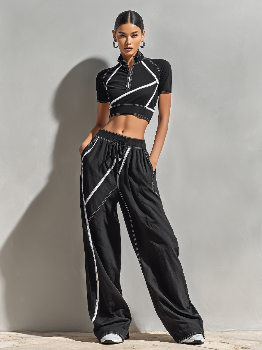 Women's Black & White Stitch Two-Piece Set With Zip Crop Top & Wide-Leg Pants, Timeless Sporty-Chic Athleisure Outfit MDZ2443D6LYL