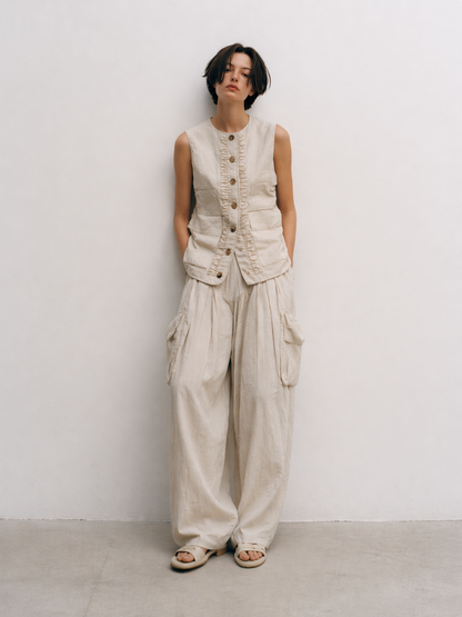 Women's Minimalist Casual Cotton And Linen Blend Off-white Suit MDZ2401D7ZJW