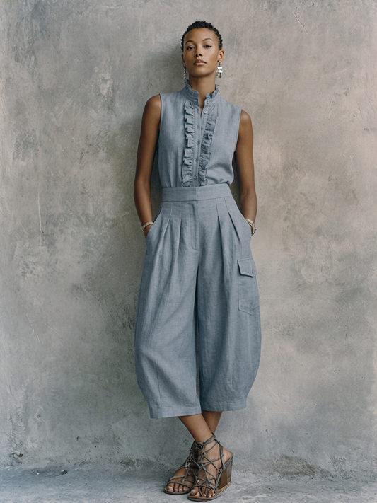 Women's Casual Gray-Blue Cotton Linen Stand-Up Collar Ruffled Button Design Fitted Waist Cropped Wide-Leg Jumpsuit MDZ2465D3GMJ