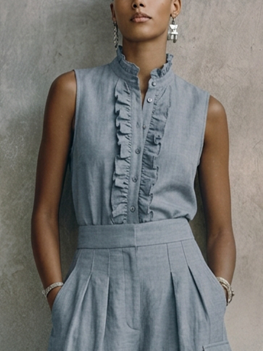 Women's Casual Gray-Blue Cotton Linen Stand-Up Collar Ruffled Button Design Fitted Waist Cropped Wide-Leg Jumpsuit MDZ2465D3GMJ