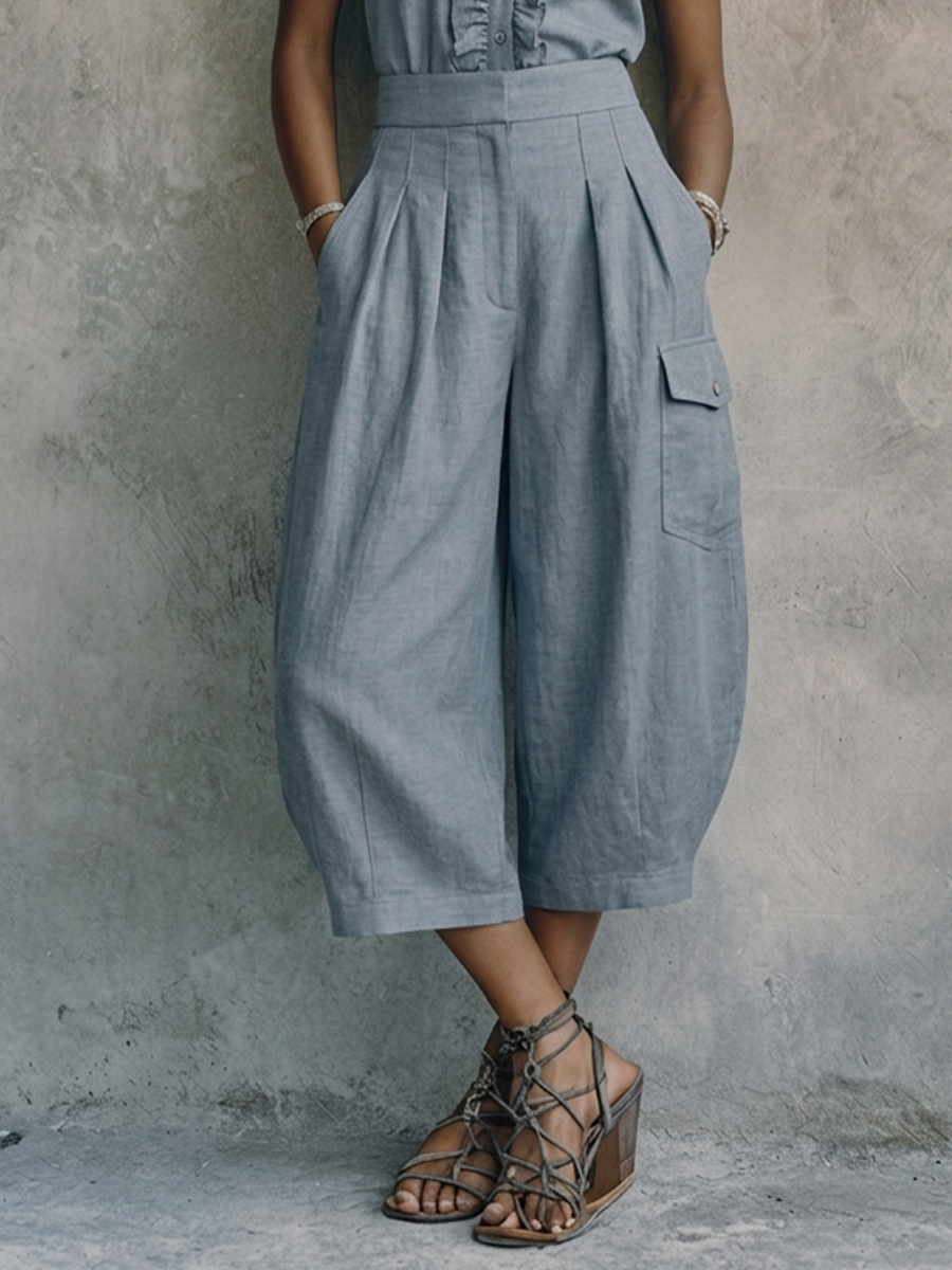 Women's Casual Gray-Blue Cotton Linen Stand-Up Collar Ruffled Button Design Fitted Waist Cropped Wide-Leg Jumpsuit MDZ2465D3GMJ