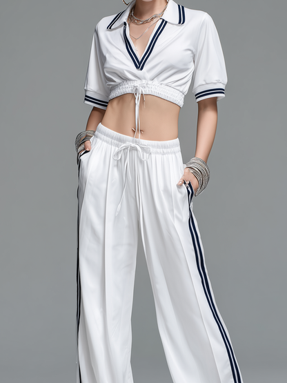 Women's Casual Sporty Style White Stretch-Knit V-Neck Long-Sleeve Top And Trousers Set MDZ2405D7LXY