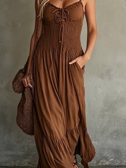 Women's Casual Brown Woven Sleeveless Spaghetti-Strap Maxi Dress MDZ2467D7LXY