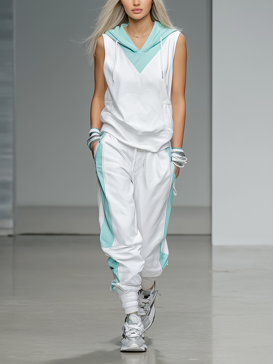 Women's Athleisure White And Teal Hooded Tracksuit MDZ2491D6ZJW