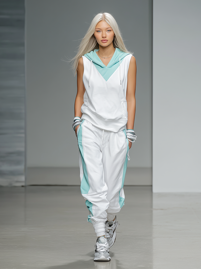 Women's Athleisure White And Teal Hooded Tracksuit MDZ2491D6ZJW