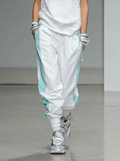 Women's Athleisure White And Teal Hooded Tracksuit MDZ2491D6ZJW