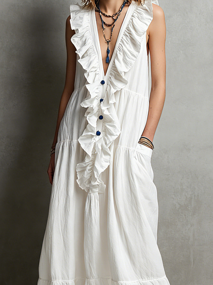 Women's Casual White Cotton-Linen Maxi Dress ¡ª V-Neck, Ruffled, Sleeveless MDZ2418D0LXY