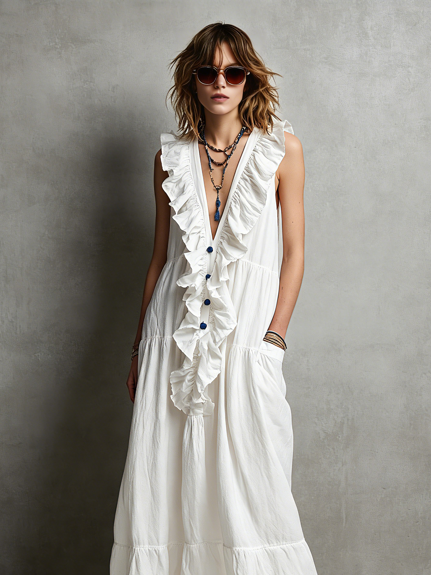 Women's Casual White Cotton-Linen Maxi Dress ¡ª V-Neck, Ruffled, Sleeveless MDZ2418D0LXY