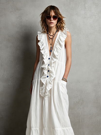 Women's Casual White Cotton-Linen Maxi Dress ¡ª V-Neck, Ruffled, Sleeveless MDZ2418D0LXY