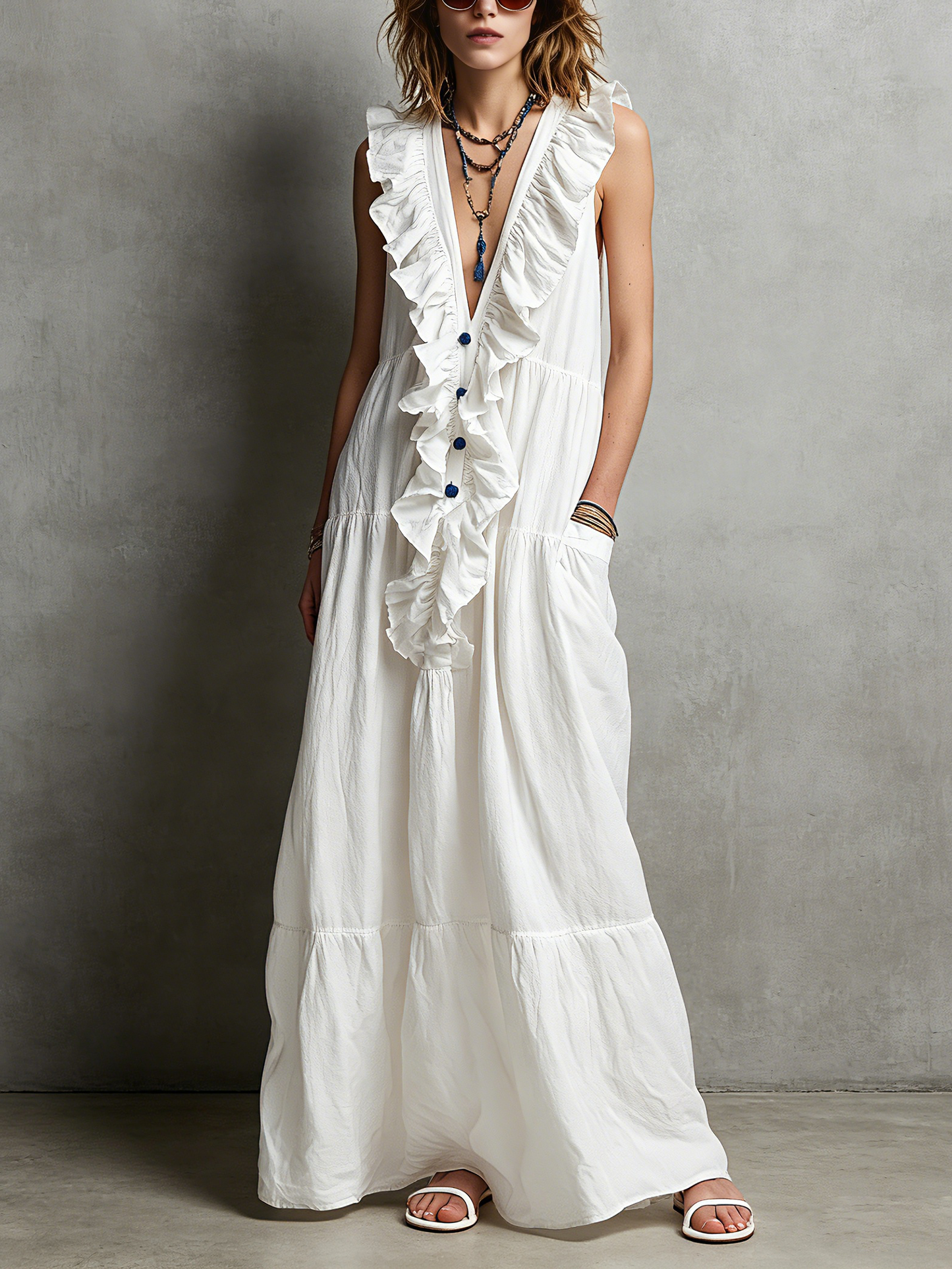 Women's Casual White Cotton-Linen Maxi Dress ¡ª V-Neck, Ruffled, Sleeveless MDZ2418D0LXY