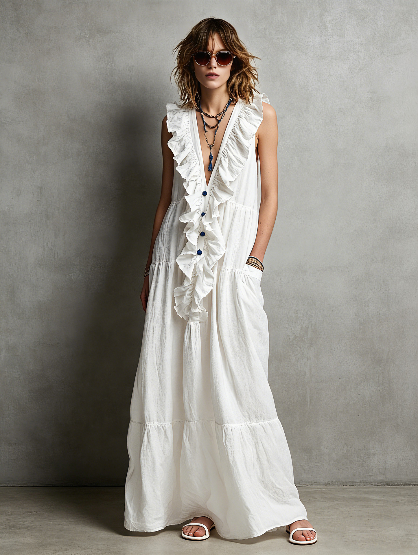 Women's Casual White Cotton-Linen Maxi Dress ¡ª V-Neck, Ruffled, Sleeveless MDZ2418D0LXY